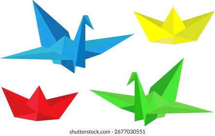 set of 3d origami vector objects paper birds and boats for creative and geometric design