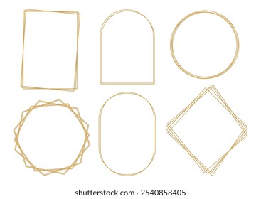 Conjunto de quadros de ouro contorno 3d sobre fundo branco. Hexágono, redondo, elipse, retângulo, arco elementos decorativos para convite de casamento, grande abertura, cartão de saudação, certificado. Ilustração vetorial