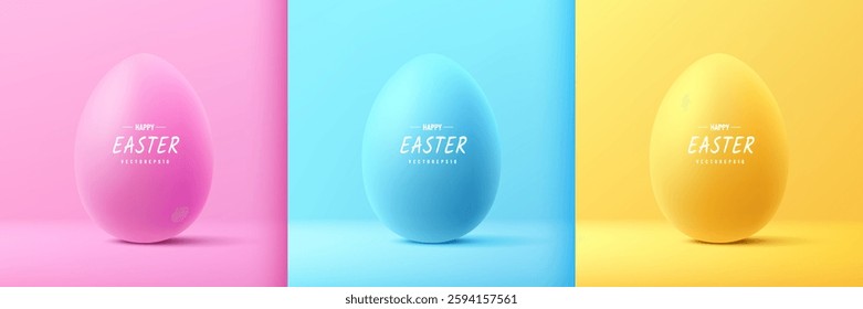 Set of 3D oval Easter eggs, Happy Easter background in pastel pink, soft blue and yellow color. Easter day element colorful. Trendy vector illustration design. Happy Easter day element collection.