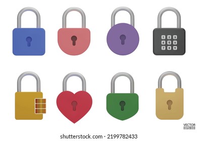set of 3D Padlock icons isolated on white background. Minimal lock icon. 3d vector illustration.