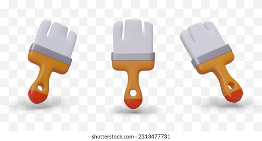 Set of 3D paint brushes from different sides. Wide brush for painting walls. Repair tools. Isolated color vector image. Realistic icons, symbol of construction, restoration