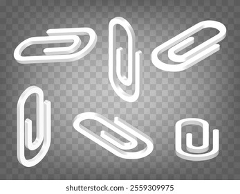 Set of 3d paper clip sign on transparent background. paper clip 3d icon illustration with different views and angles.  Abstract concept of graphic elements for your design