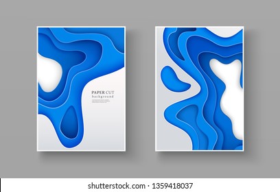 Set of 3d paper cut style posters. Creative design in blue colors, carving art. Layered effect of fluid shapes with a shadow. Vector illustration Size A4