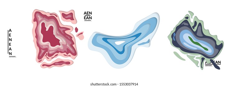 Set of 3D paper cut wavy holes. Vector paper cut layers create topography map concept or smooth origami paper carving craft. Wavy layered material design paper art isolated design elements.