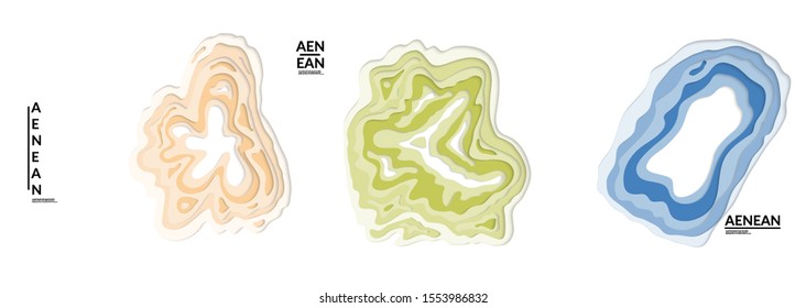 Set of 3D paper cut wavy holes. Vector paper cut layers create topography map concept or smooth origami paper carving craft. Wavy layered material design paper art isolated design elements.