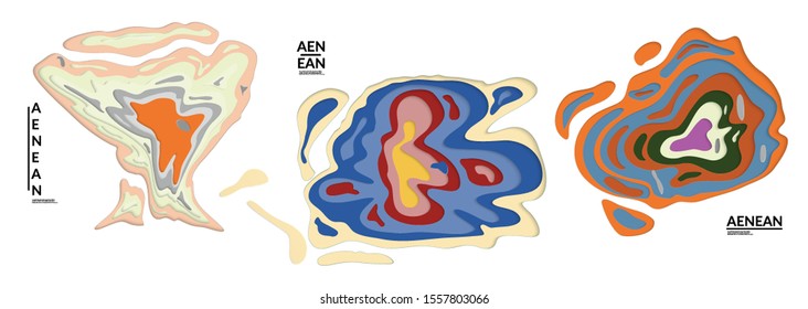 Set of 3D paper cut wavy holes. Vector paper cut layers create topography map concept or smooth origami paper carving craft. Wavy layered material design paper art isolated design elements.
