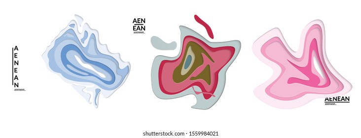 Set of 3D paper cut wavy holes. Vector paper cut layers create topography map concept or smooth origami paper carving craft. Wavy layered material design paper art isolated design elements.