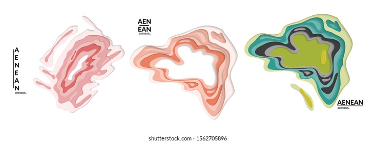 Set of 3D paper cut wavy holes. Vector paper cut layers create topography map concept or smooth origami paper carving craft. Wavy layered material design paper art isolated design elements.