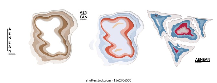 Set of 3D paper cut wavy holes. Vector paper cut layers create topography map concept or smooth origami paper carving craft. Wavy layered material design paper art isolated design elements.