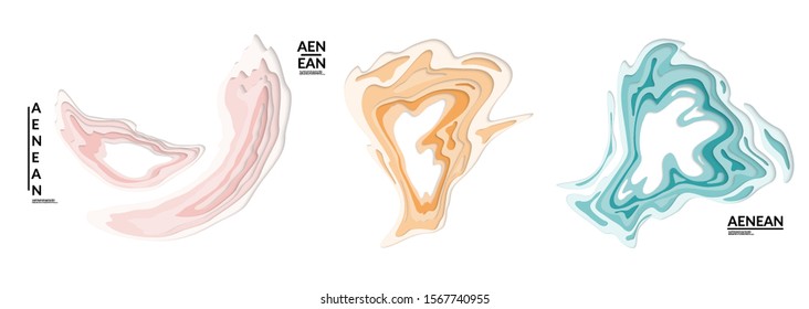 Set of 3D paper cut wavy holes. Vector paper cut layers create topography map concept or smooth origami paper carving craft. Wavy layered material design paper art isolated design elements.