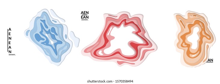 Set of 3D paper cut wavy holes. Vector paper cut layers create topography map concept or smooth origami paper carving craft. Wavy layered material design paper art isolated design elements.