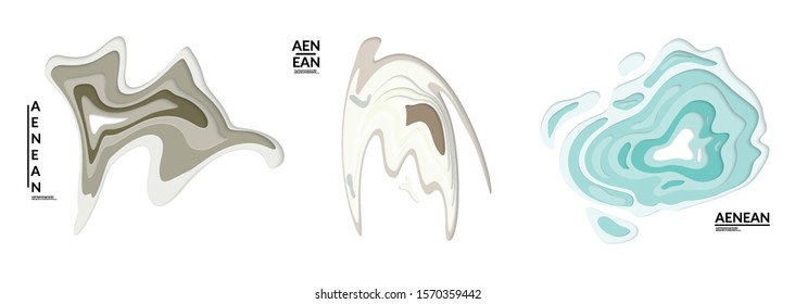 Set of 3D paper cut wavy holes. Vector paper cut layers create topography map concept or smooth origami paper carving craft. Wavy layered material design paper art isolated design elements.