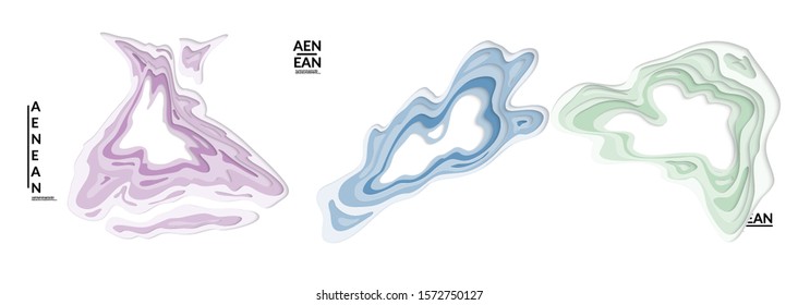 Set of 3D paper cut wavy holes. Vector paper cut layers create topography map concept or smooth origami paper carving craft. Wavy layered material design paper art isolated design elements.