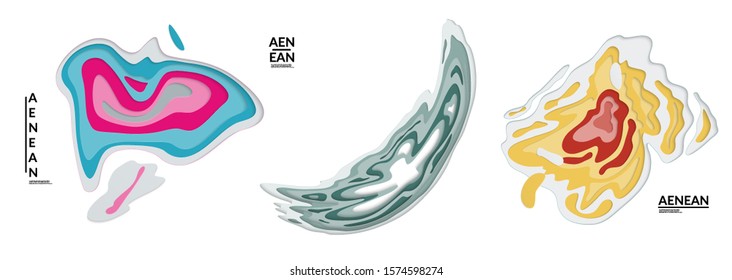 Set of 3D paper cut wavy holes. Vector paper cut layers create topography map concept or smooth origami paper carving craft. Wavy layered material design paper art isolated design elements.