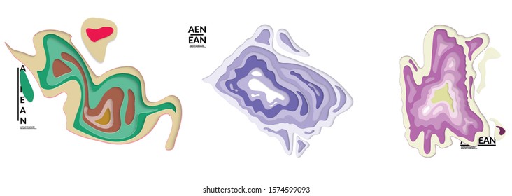 Set of 3D paper cut wavy holes. Vector paper cut layers create topography map concept or smooth origami paper carving craft. Wavy layered material design paper art isolated design elements.