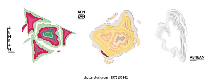 Set of 3D paper cut wavy holes. Vector paper cut layers create topography map concept or smooth origami paper carving craft. Wavy layered material design paper art isolated design elements.