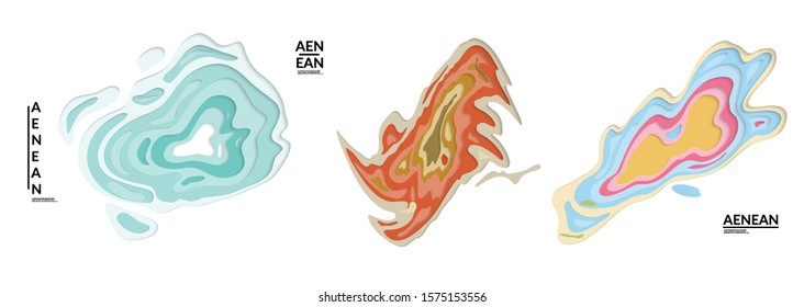 Set of 3D paper cut wavy holes. Vector paper cut layers create topography map concept or smooth origami paper carving craft. Wavy layered material design paper art isolated design elements.