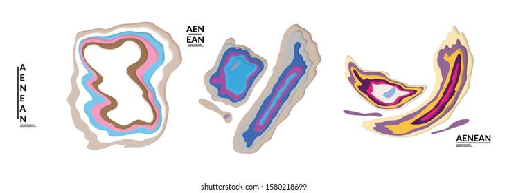 Set of 3D paper cut wavy holes. Vector paper cut layers create topography map concept or smooth origami paper carving craft. Wavy layered material design paper art isolated design elements.