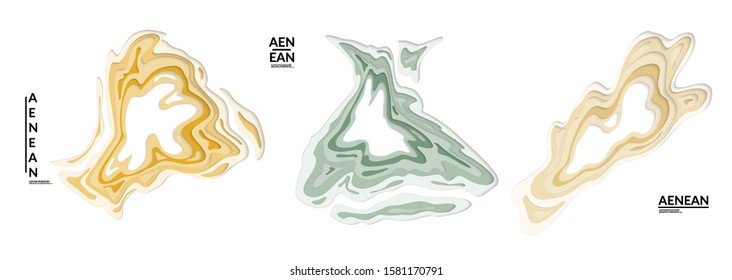 Set of 3D paper cut wavy holes. Vector paper cut layers create topography map concept or smooth origami paper carving craft. Wavy layered material design paper art isolated design elements.
