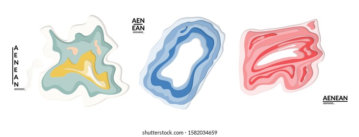 Set of 3D paper cut wavy holes. Vector paper cut layers create topography map concept or smooth origami paper carving craft. Wavy layered material design paper art isolated design elements.