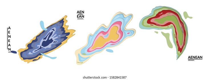 Set of 3D paper cut wavy holes. Vector paper cut layers create topography map concept or smooth origami paper carving craft. Wavy layered material design paper art isolated design elements.
