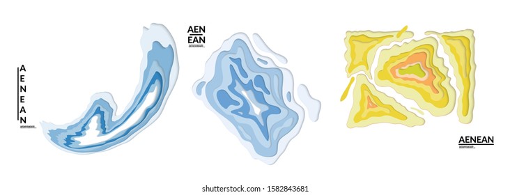 Set of 3D paper cut wavy holes. Vector paper cut layers create topography map concept or smooth origami paper carving craft. Wavy layered material design paper art isolated design elements.