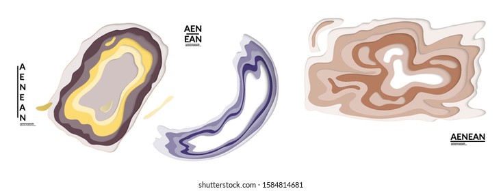 Set of 3D paper cut wavy holes. Vector paper cut layers create topography map concept or smooth origami paper carving craft. Wavy layered material design paper art isolated design elements.