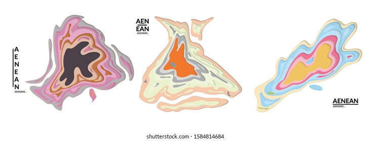 Set of 3D paper cut wavy holes. Vector paper cut layers create topography map concept or smooth origami paper carving craft. Wavy layered material design paper art isolated design elements.