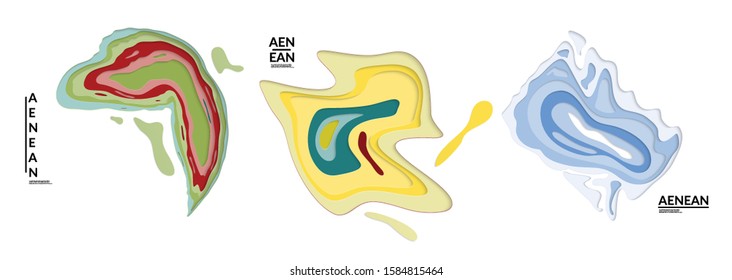Set of 3D paper cut wavy holes. Vector paper cut layers create topography map concept or smooth origami paper carving craft. Wavy layered material design paper art isolated design elements.