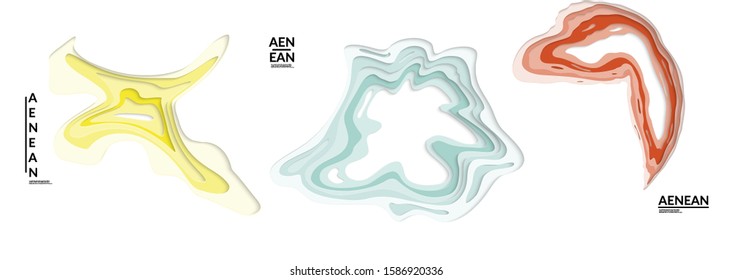Set of 3D paper cut wavy holes. Vector paper cut layers create topography map concept or smooth origami paper carving craft. Wavy layered material design paper art isolated design elements.