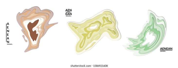 Set of 3D paper cut wavy holes. Vector paper cut layers create topography map concept or smooth origami paper carving craft. Wavy layered material design paper art isolated design elements.