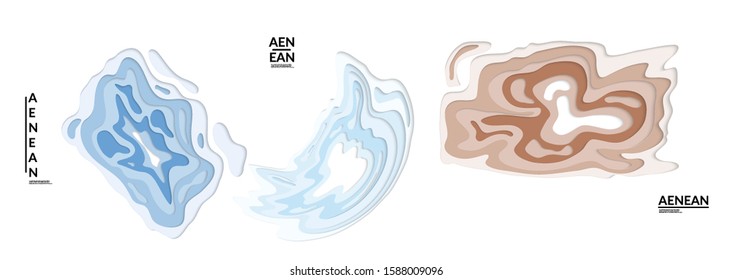 Set of 3D paper cut wavy holes. Vector paper cut layers create topography map concept or smooth origami paper carving craft. Wavy layered material design paper art isolated design elements.