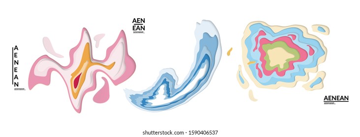 Set of 3D paper cut wavy holes. Vector paper cut layers create topography map concept or smooth origami paper carving craft. Wavy layered material design paper art isolated design elements.