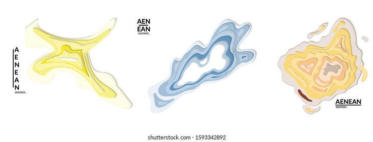 Set of 3D paper cut wavy holes. Vector paper cut layers create topography map concept or smooth origami paper carving craft. Wavy layered material design paper art isolated design elements.