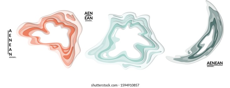 Set of 3D paper cut wavy holes. Vector paper cut layers create topography map concept or smooth origami paper carving craft. Wavy layered material design paper art isolated design elements.