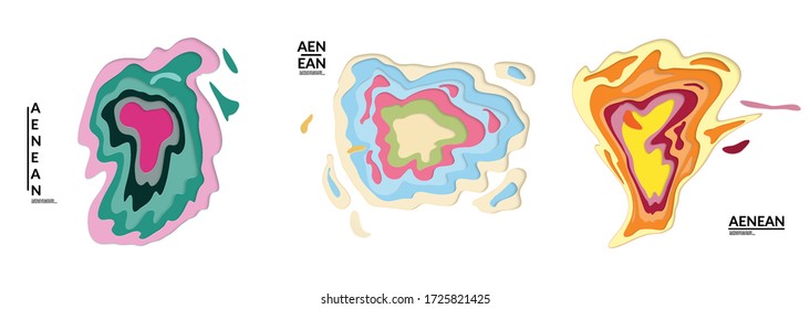 Set of 3D paper cut wavy holes. Vector paper cut layers create topography map concept or smooth origami paper carving craft. Wavy layered material design paper art isolated design elements.