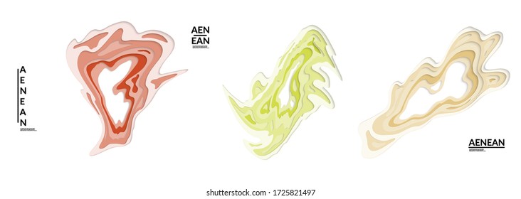 Set of 3D paper cut wavy holes. Vector paper cut layers create topography map concept or smooth origami paper carving craft. Wavy layered material design paper art isolated design elements.