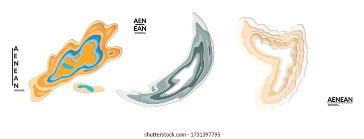 Set of 3D paper cut wavy holes. Vector paper cut layers create topography map concept or smooth origami paper carving craft. Wavy layered material design paper art isolated design elements.