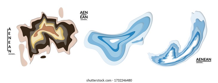 Set of 3D paper cut wavy holes. Vector paper cut layers create topography map concept or smooth origami paper carving craft. Wavy layered material design paper art isolated design elements.