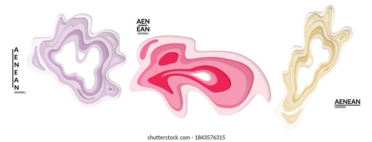 Set of 3D paper cut wavy holes. Vector paper cut layers create topography map concept or smooth origami paper carving craft. Wavy layered material design paper art isolated design elements.