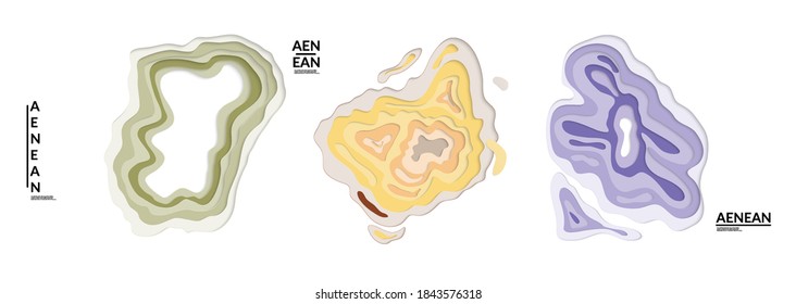 Set of 3D paper cut wavy holes. Vector paper cut layers create topography map concept or smooth origami paper carving craft. Wavy layered material design paper art isolated design elements.