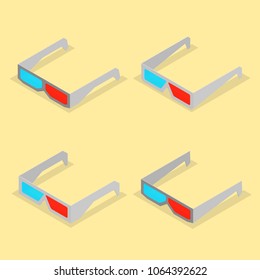 Set of 3d paper glasses isolated on a yellow background. Flat isometric style, vector illustration.