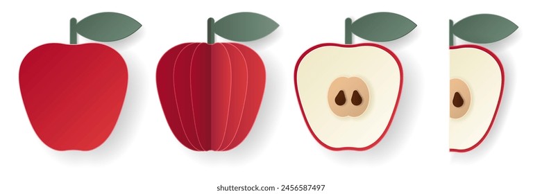 Set of 3d papercut apple sliced cutout pome fruit. Summer layered fruits. Juicy food elements for restaurant, food, drinks, bars, recipes, summer, sweets, vegan, social media, presentation design.