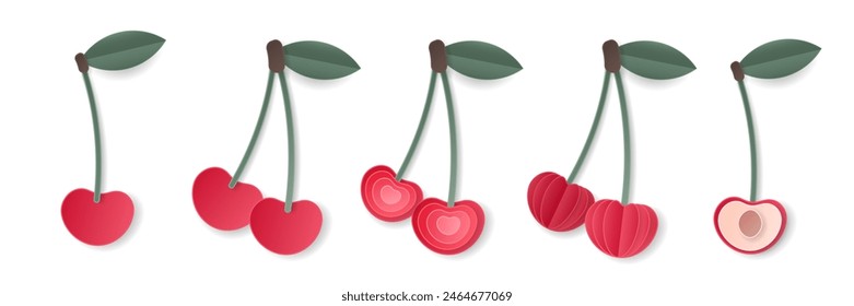 Set of 3d papercut cherry sliced cutout stone fruit. Summer cherries layered fruits. Juicy food elements for restaurant, food, drinks, bars, recipes, summer, sweets, vegan, social media, presentation 