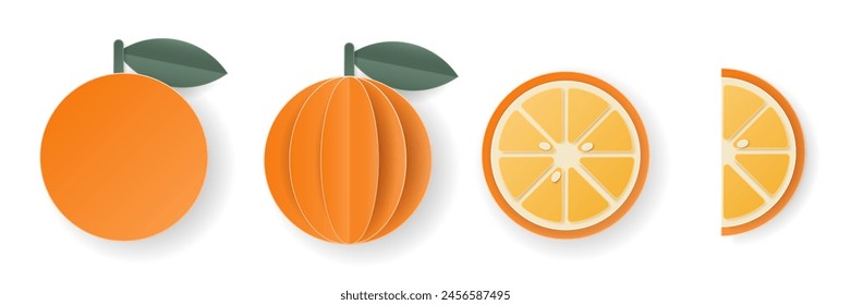 Set of 3d papercut orange sliced cutout citrus fruit. Summer layered fruits. Juicy food elements for restaurant, food, drinks, bars, recipes, summer, sweets, vegan, social media, presentation design.