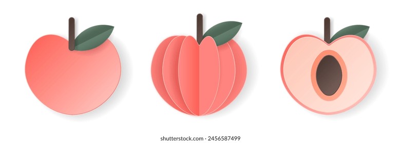 Set of 3d papercut peach sliced cutout stone fruit. Summer layered fruits. Juicy food elements for restaurant, food, drinks, bars, recipes, summer, sweets, vegan, social media, presentation design.