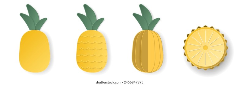 Set of 3d papercut pineapple sliced cutout ananas fruit. Summer layered fruits. Juicy food elements for restaurant, food, drinks, bars, recipes, summer, sweets, vegan, social media, presentation desig