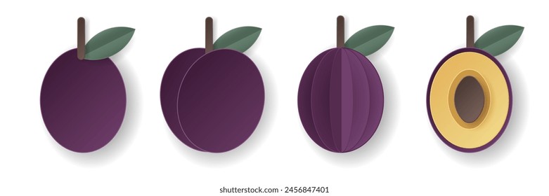 Set of 3d papercut plum sliced cutout stone fruit. Summer layered fruits. Juicy food elements for restaurant, food, drinks, bars, recipes, summer, sweets, vegan, social media, presentation design.