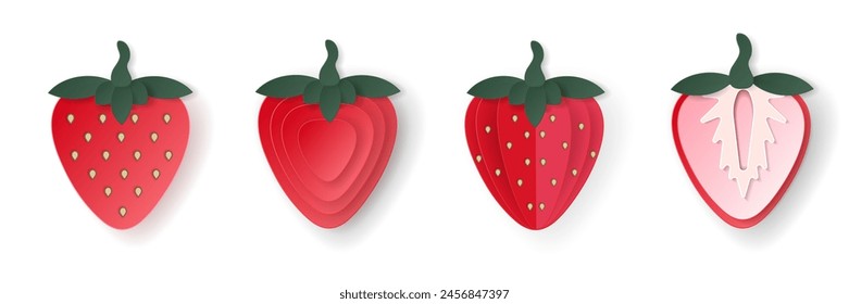 Set of 3d papercut strawberry sliced cutout berry fruit. Summer layered fruits. Juicy food elements for restaurant, food, drinks, bars, recipes, summer, sweets, vegan, social media, presentation desig