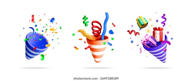 Set of 3D party poppers with exploding confetti, colorful ribbons, gift boxes, and festive elements for celebration design.